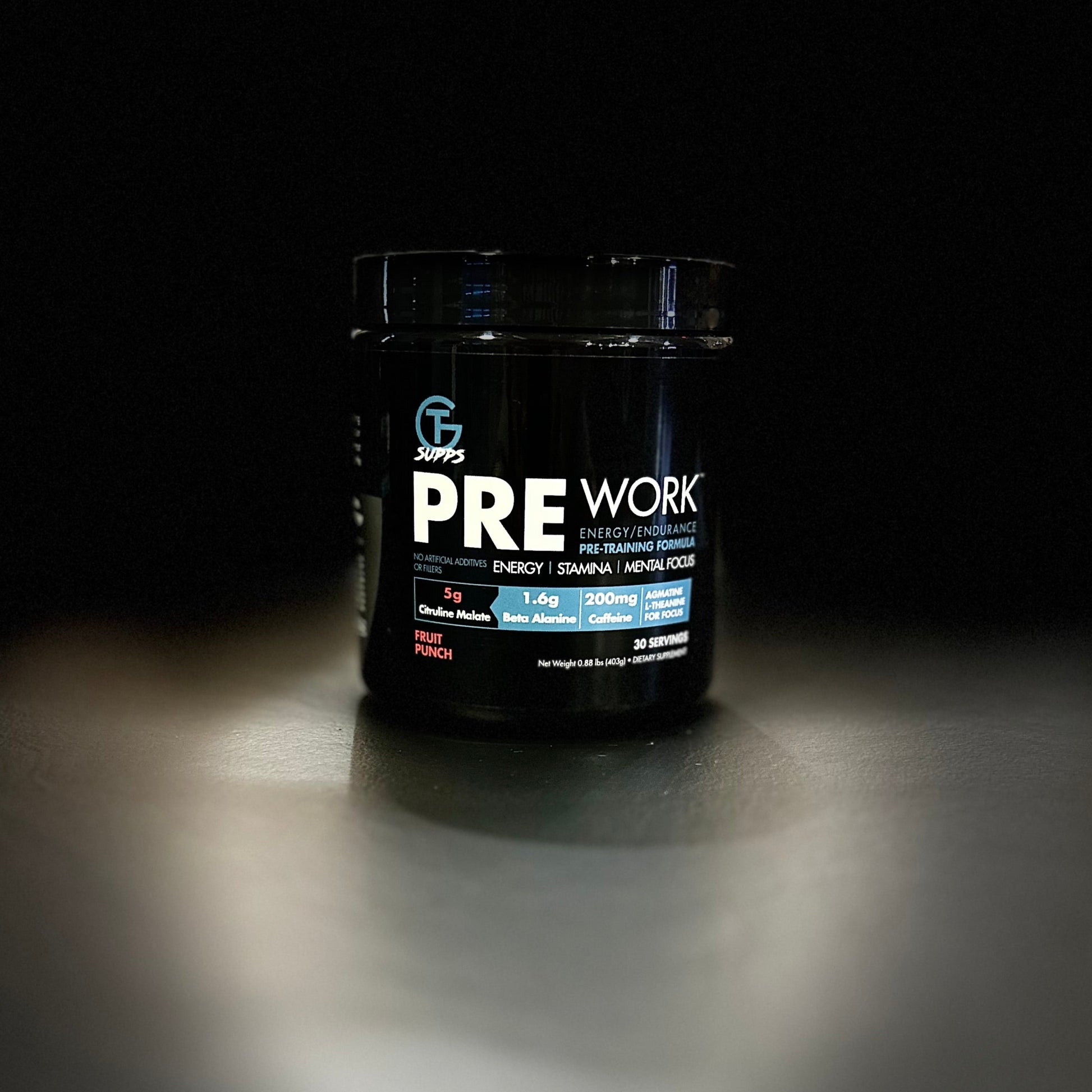 Black container labeled 'PRE WORK' on a dark background