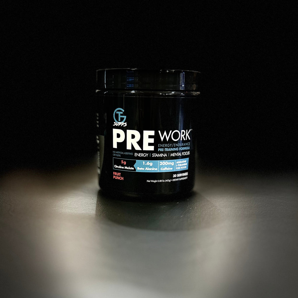Black container labeled 'PRE WORK' on a dark background