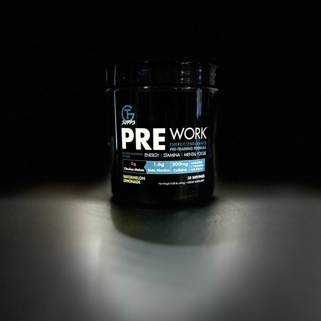 Black container of 'PRE WORK' supplement on a dark background